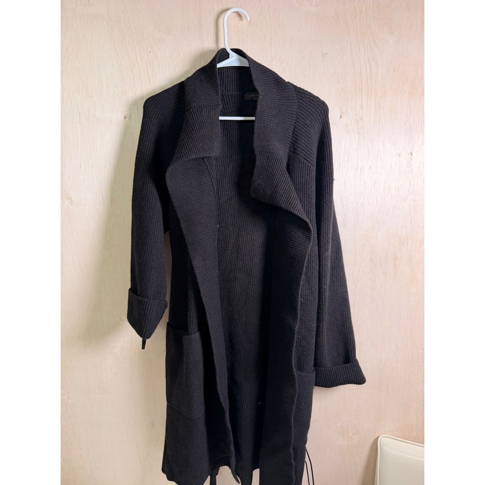Ann Taylor Cardigan Duster Women M Black Excellent Ribbed Knit Shawl Pocket‎
